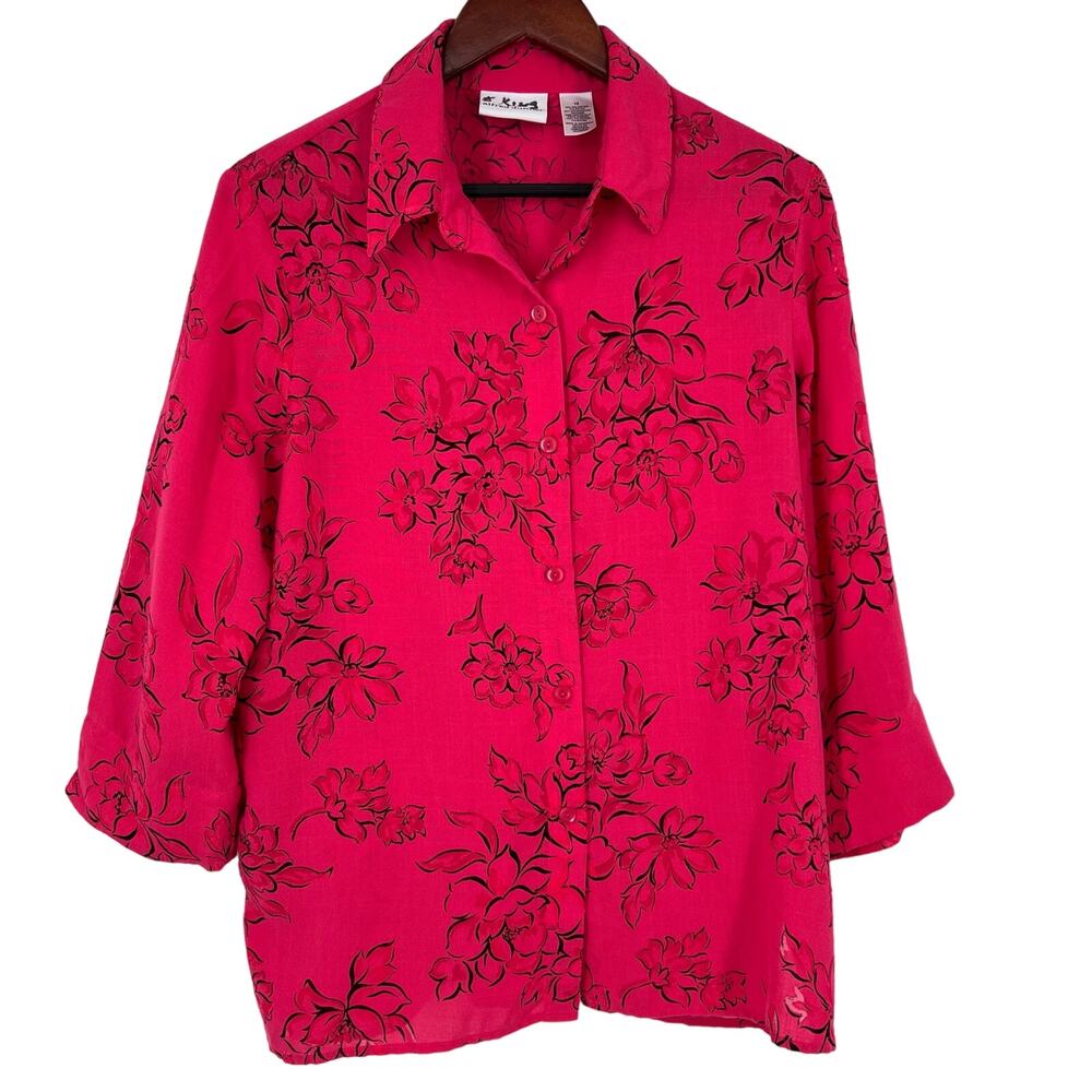 Alfred Dunner Sz 12 Coral Pink 3/4 Sleeve Floral Tropical Blouse Shirt Top